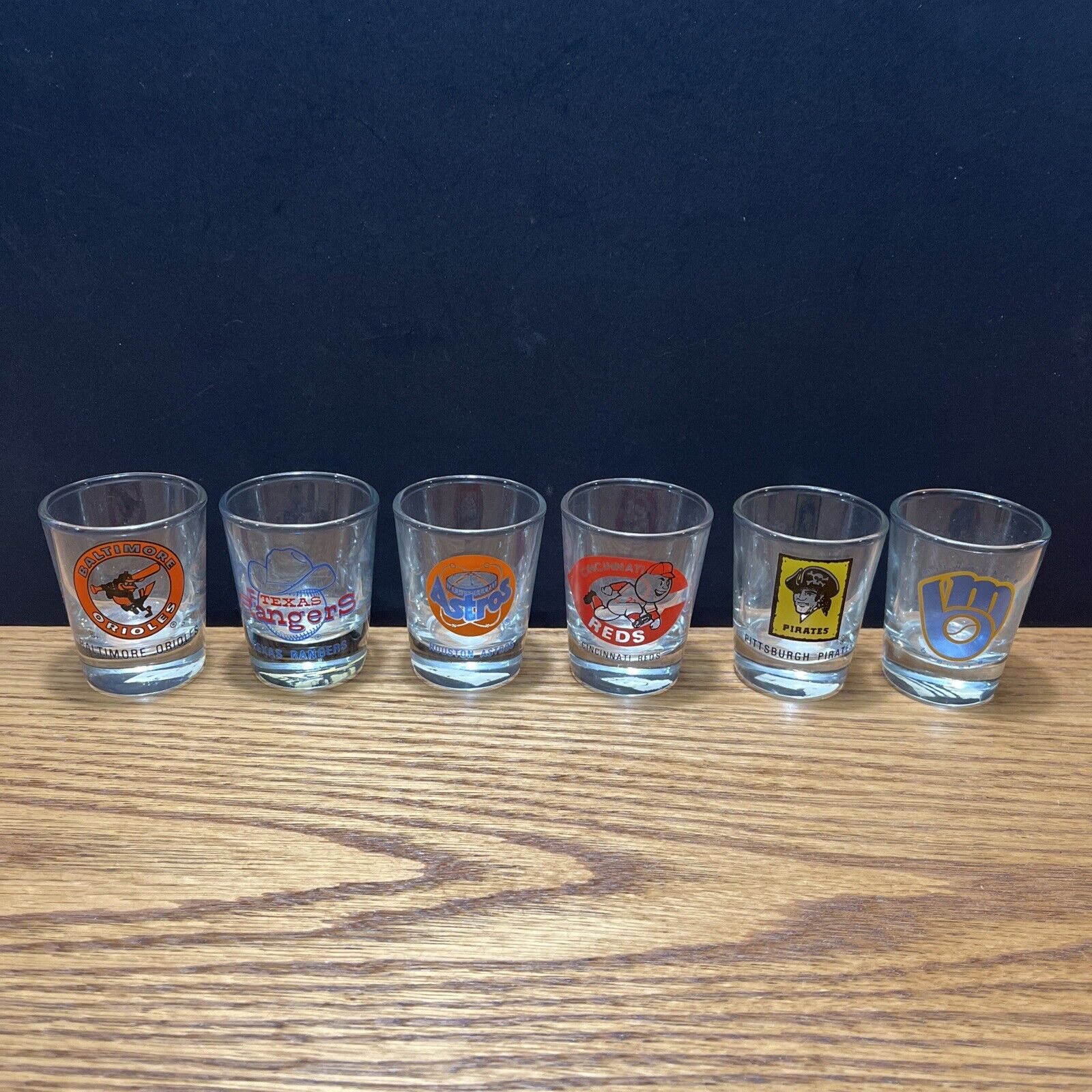 6 Vintage Baseball Shot Glasses Orioles, Rangers, Reds, Pirates, Brewers