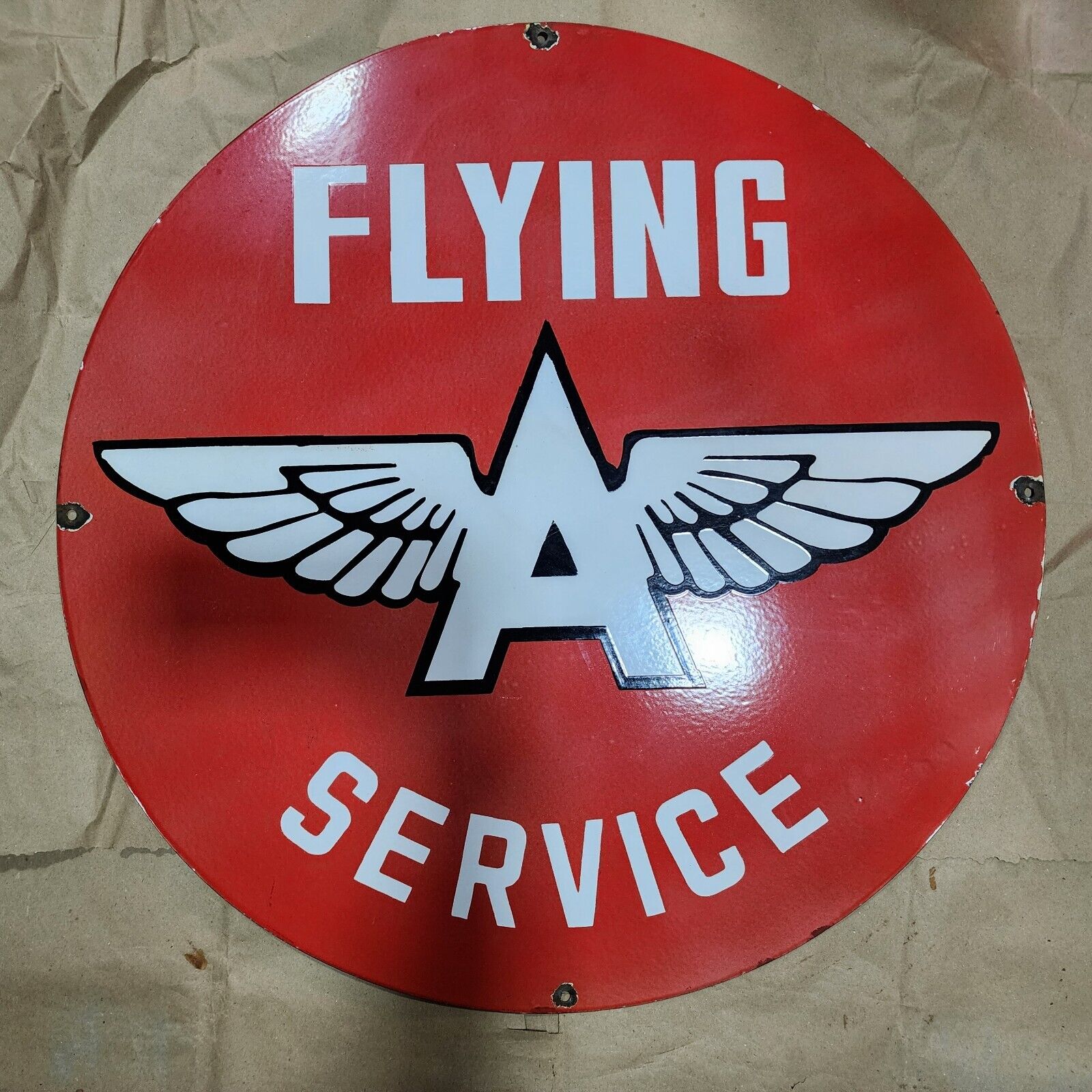 FLYING A SERVICE PORCELAIN ENAMEL SIGN 30 INCHES ROUND