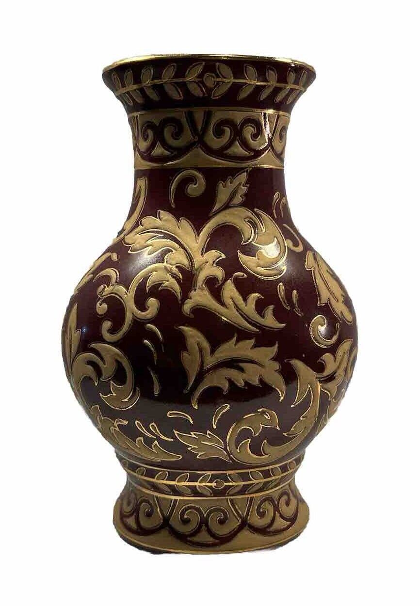 Vintage Andrea by Sadek Vase Royal Scroll Suzanne Nicoll 8 in Red/Brown and Gold