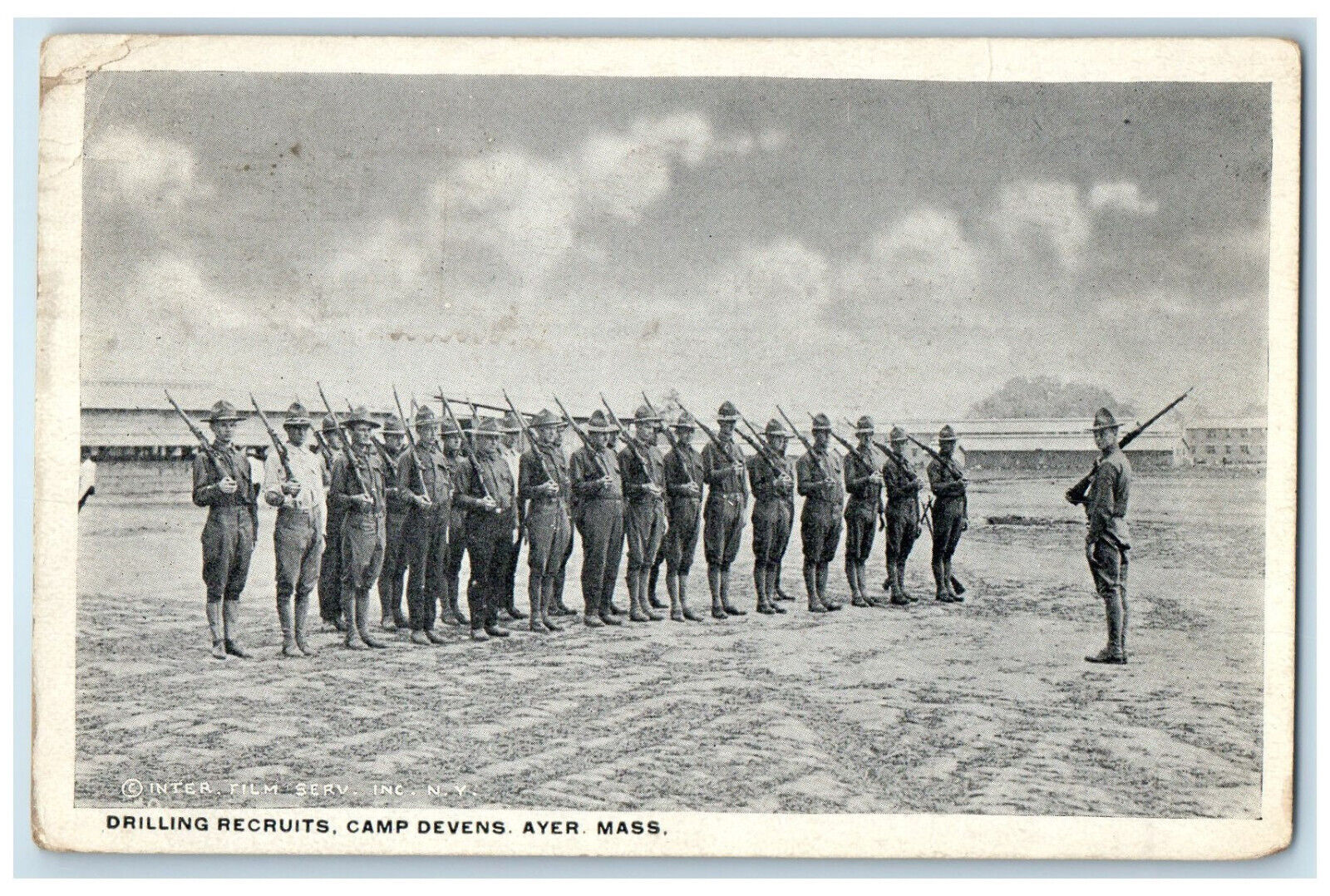 1918 Drilling Recruits Camp Devens Ayer Massachusetts MA WW1 Posted Postcard