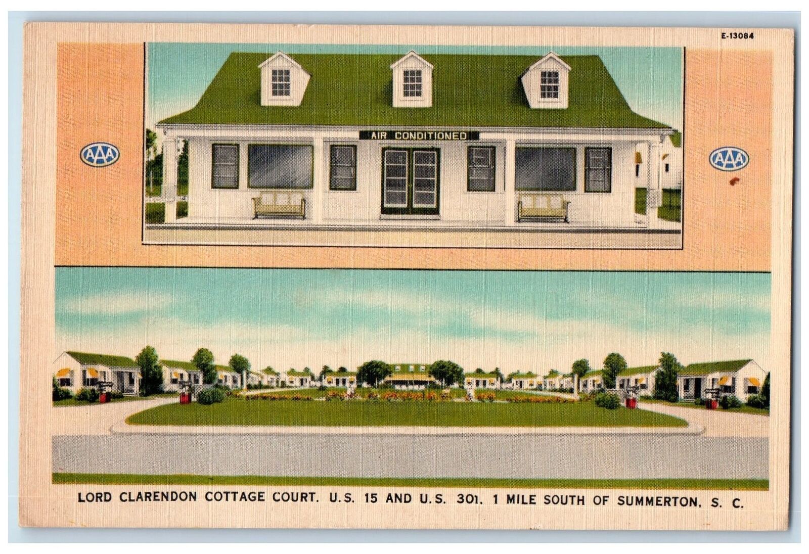 c1940s Lord Clarendon Cottage Court Roadside Mile South Of Summerton SC Postcard