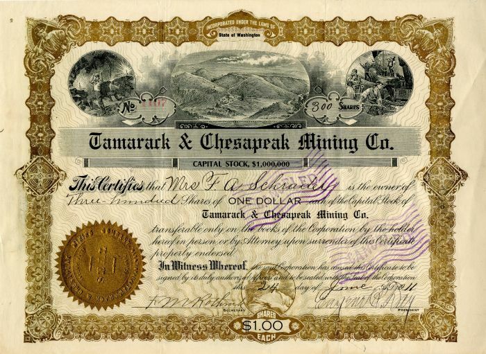 Tamarack and Chesapeak Mining Co. - Mining Stock Certificate - Mining Stocks