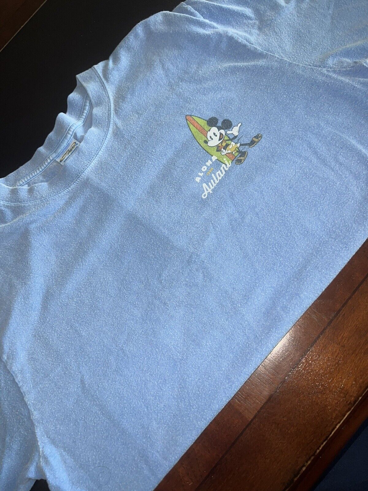 90s Disney Mickey Mouse Aloha from Aulani Blue Hawaii Dyed T-shirt. Medium