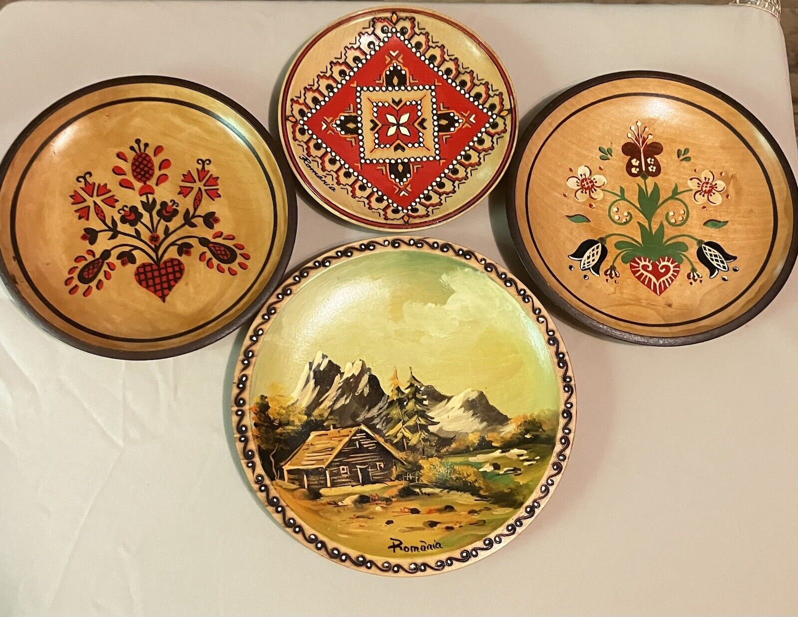 Vintage Romanian Decorative Hanging Wooden Plates Hand Painted