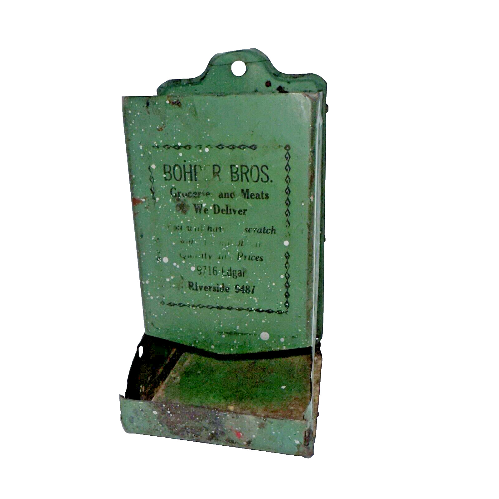 Vintage (Antique?)  Bohrer Bros Grocery & Meats Green Tin Wooden Matchholder