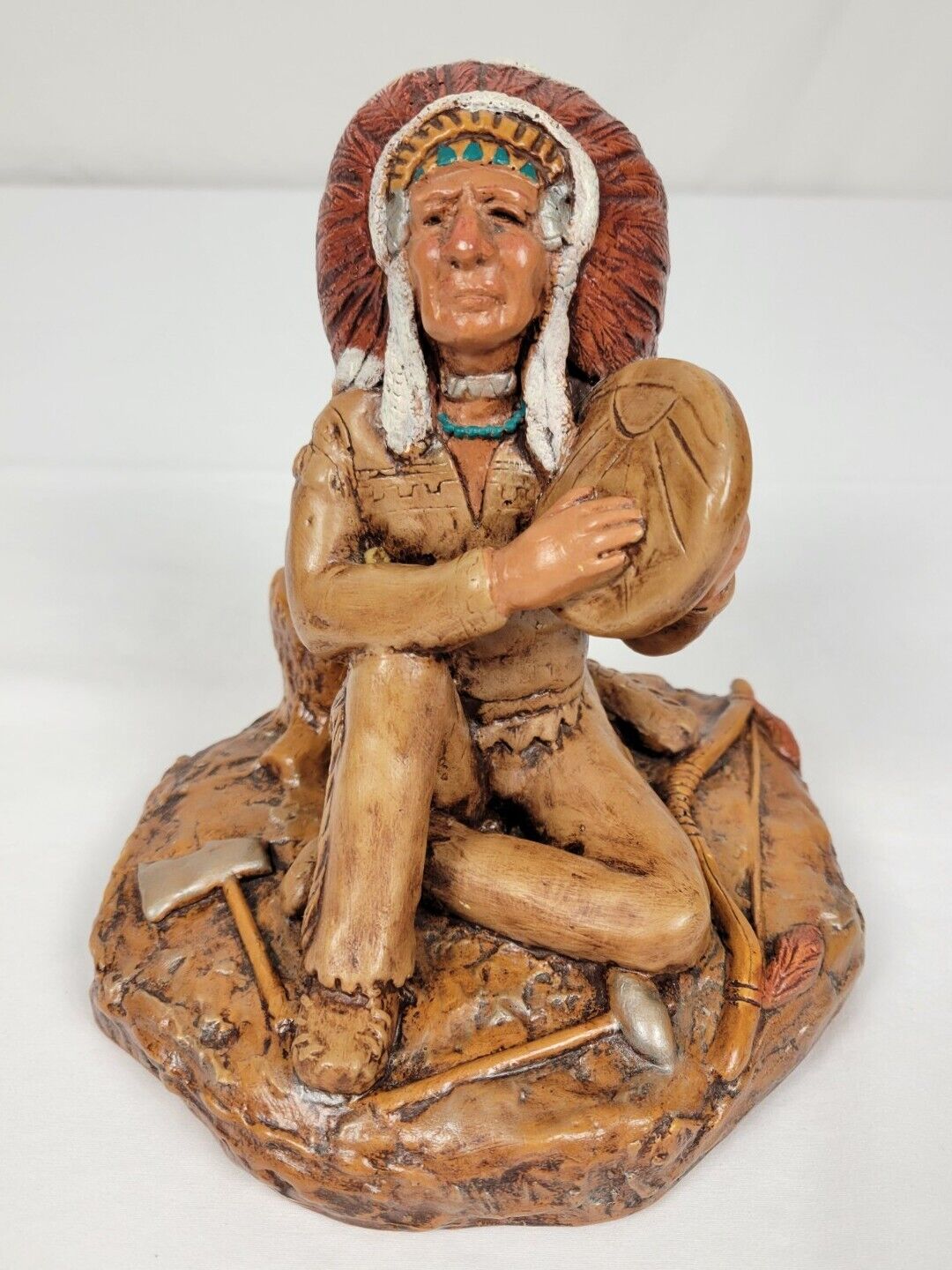 Vintage Native American Indian Chief Playing Kandjira Drum Statue 6.5\