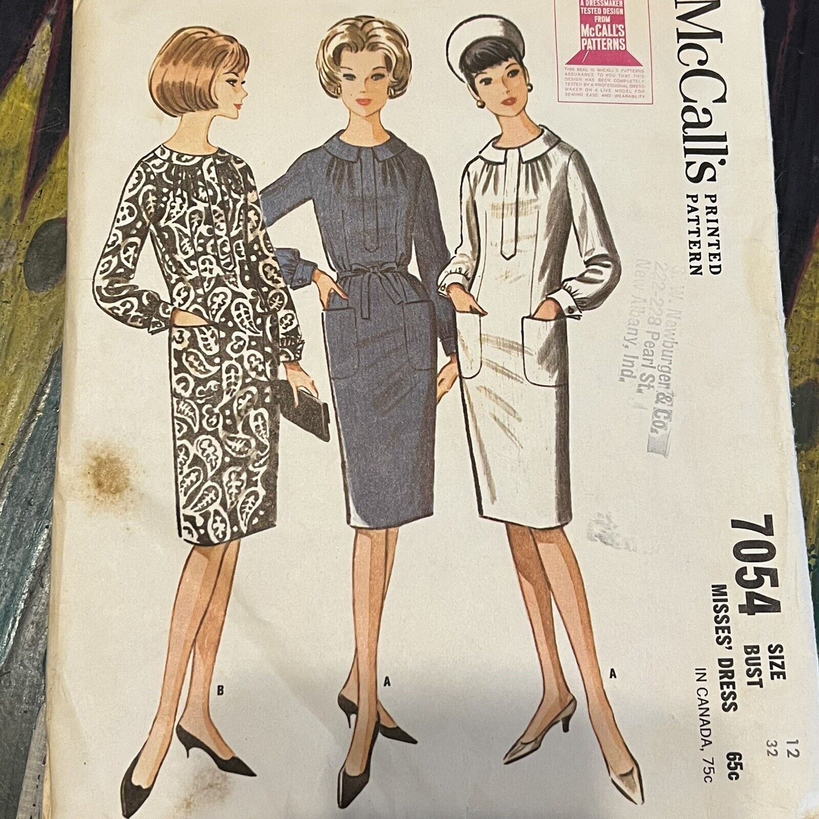 Vintage 1960s McCalls 7054 MCM Mod Slender Dress Sewing Pattern 12 Bust 32 CUT