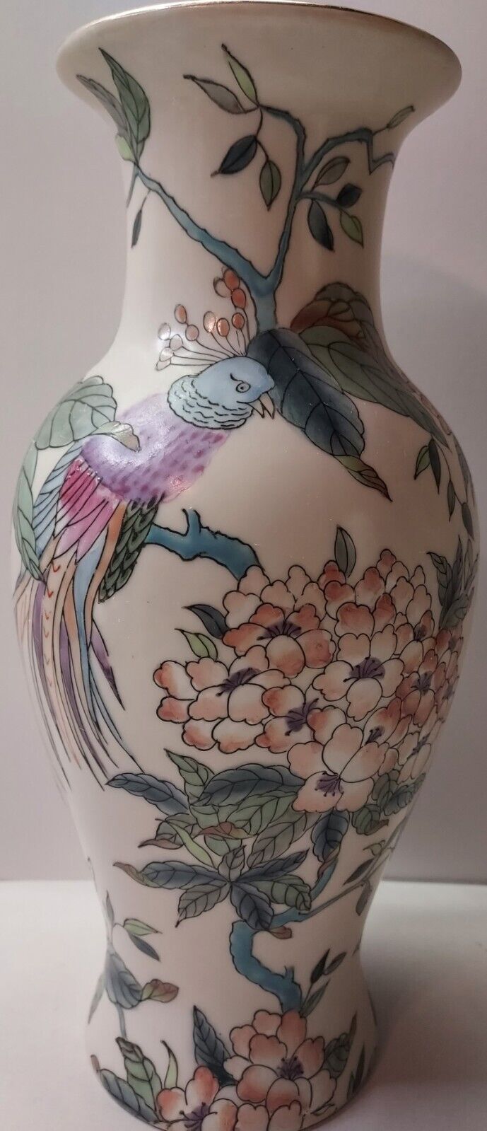 Vintage Toyo Vase Flowers Peacock Leaves Hand Painted Made In Macau S218