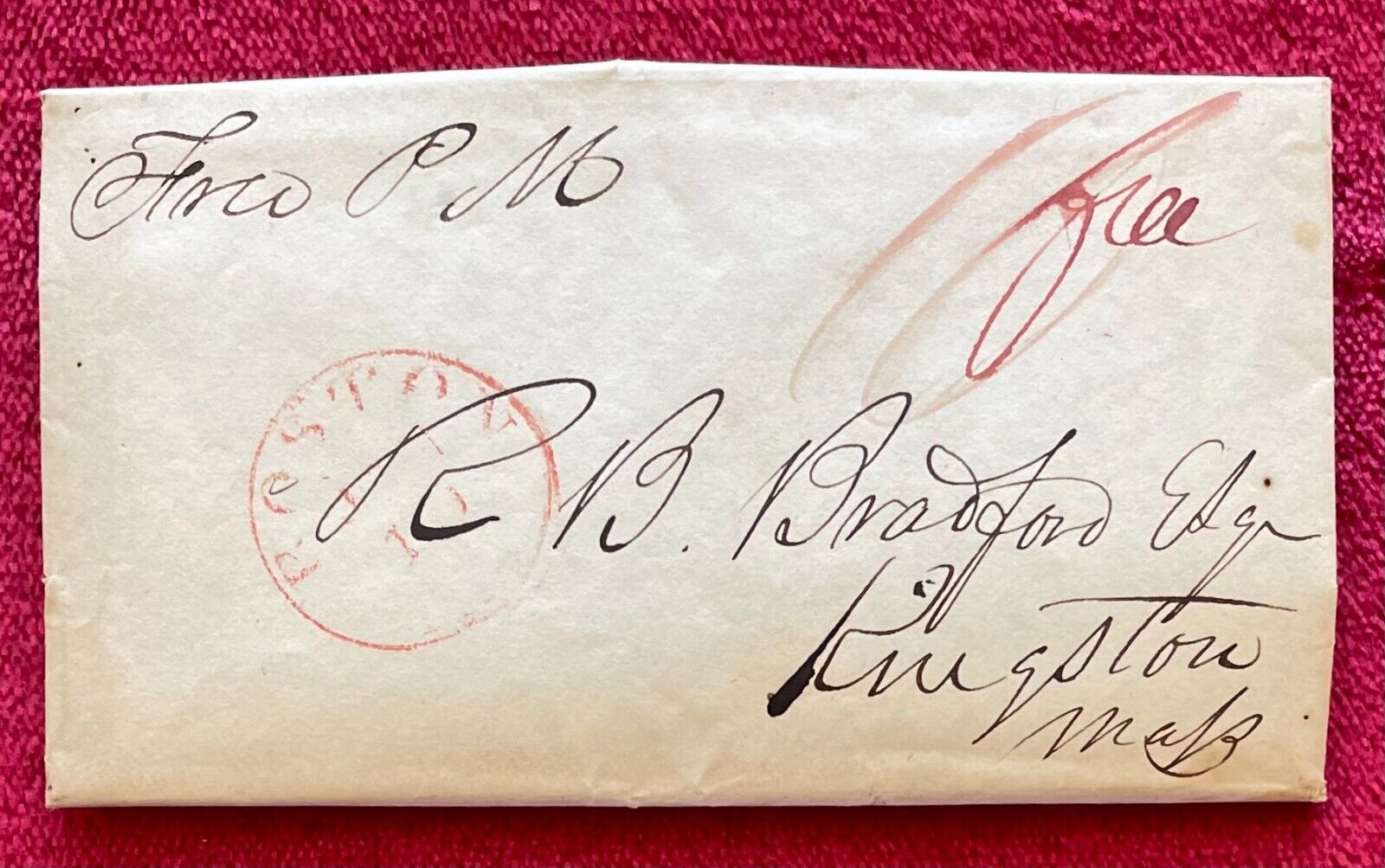 1836 STAMPLESS COVER/LETTER KINGSTON, MA POSTMASTER ABOUT A HORSE DRAWN CARRIAGE