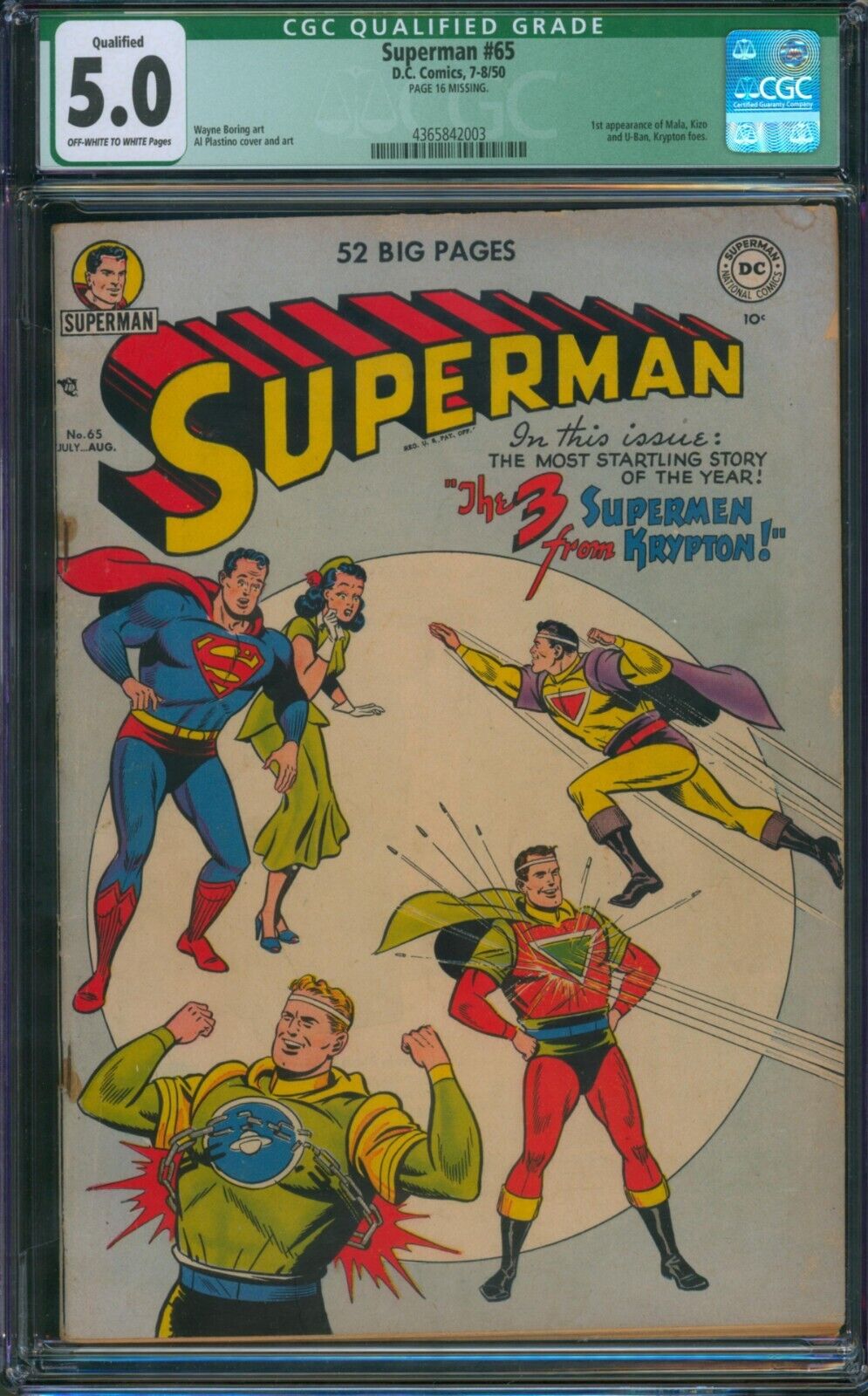 Superman #65 ⭐ CGC 5.0 Qualified ⭐ 1st Mala, Kizo, U-Ban & Krypton foes DC 1950
