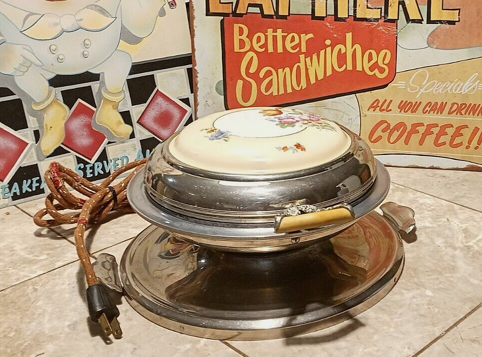 Royal Rochester porcelain floral top wood handle waffle maker & 2 TIN SIGNS INC.