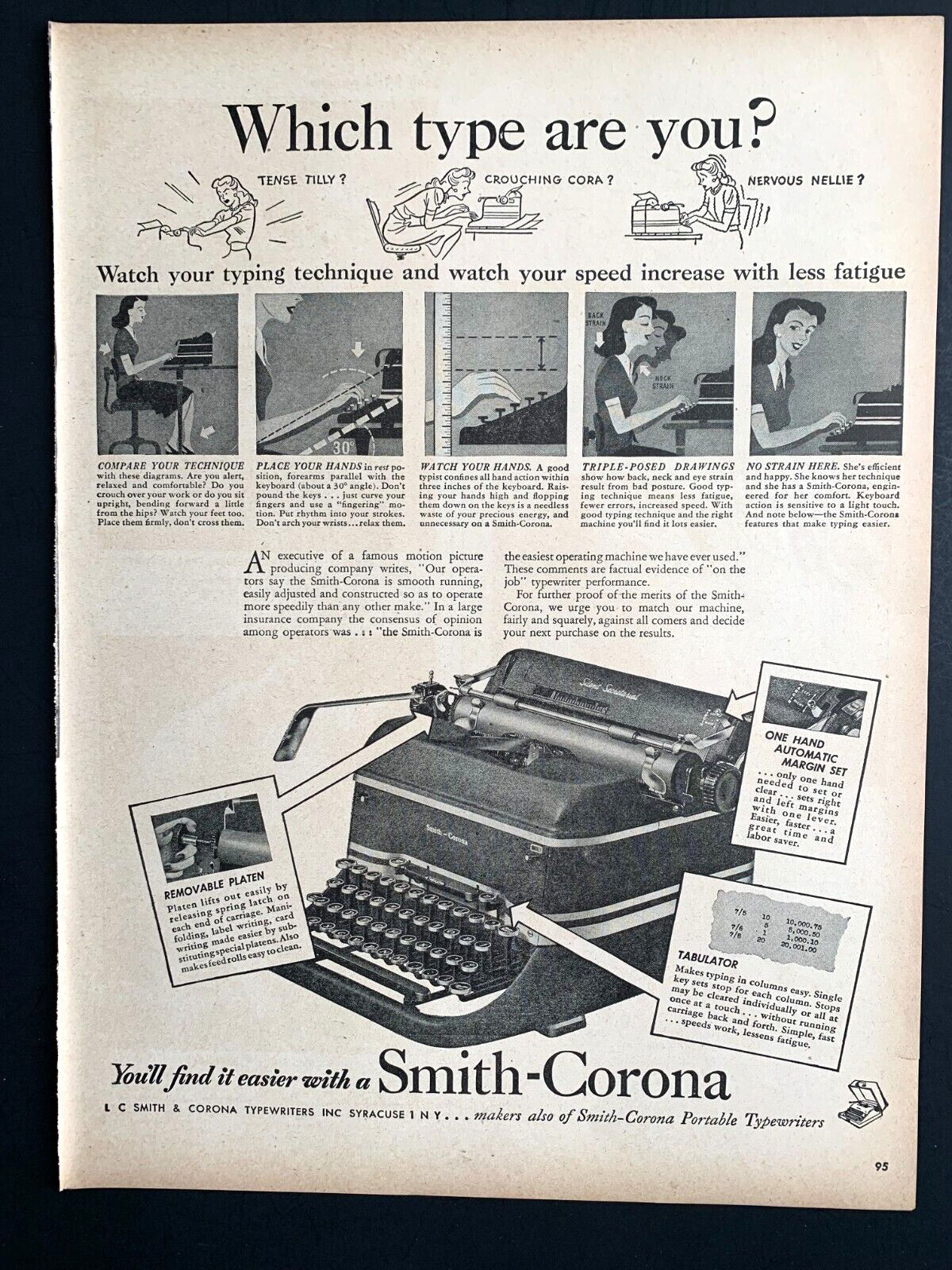 1946 Smith Corona Typewriter Print Ad Life Mag 13in x10 in