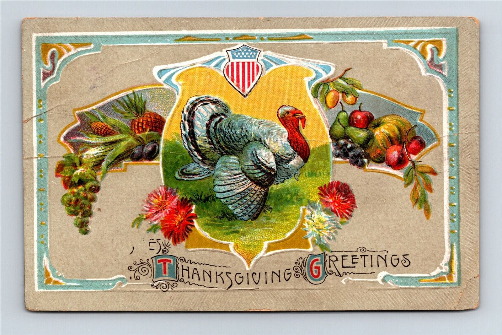 Postcard Thanksgiving Greetings Turkey & A Bountiful Harvest c1910s AN1