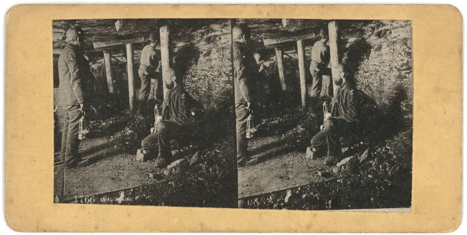 c1900's Very Rare Real Photo Stereoview Card of Miners Working Underground Lamps