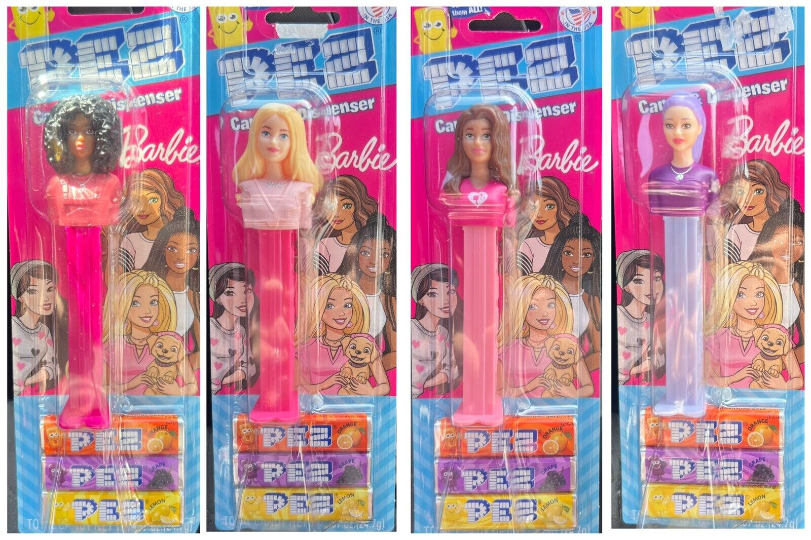 Barbie PEZ dispenser (2023): Curly Hair Ponytail, Blonde Set Blister Packs All 4