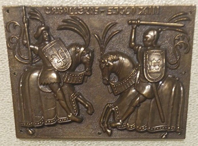 Vintage Embossed Bronze Plaque Duling Knights on Horseback Fighting 4.5