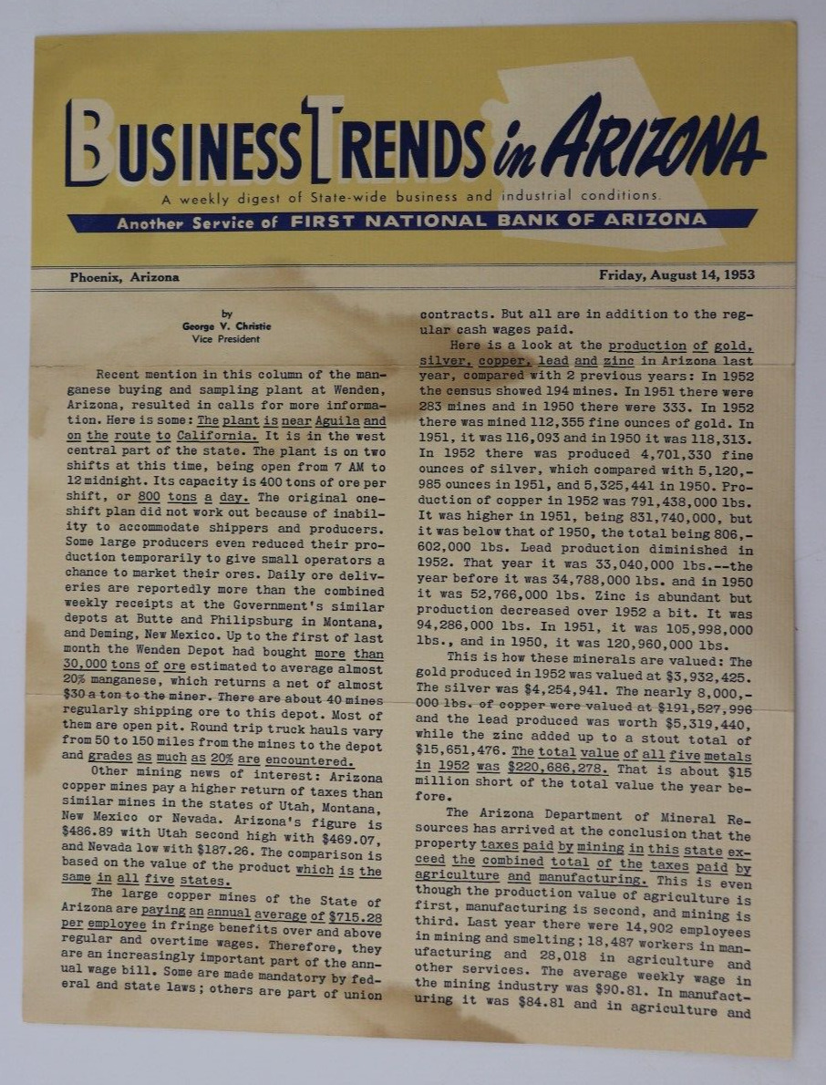 US Business trends in Arizona state wide news letter 1953 by George V Christie