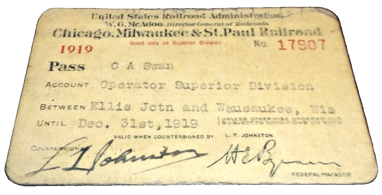 1919 MILWAUKEE ROAD EMPLOYEE PASS #17907 
