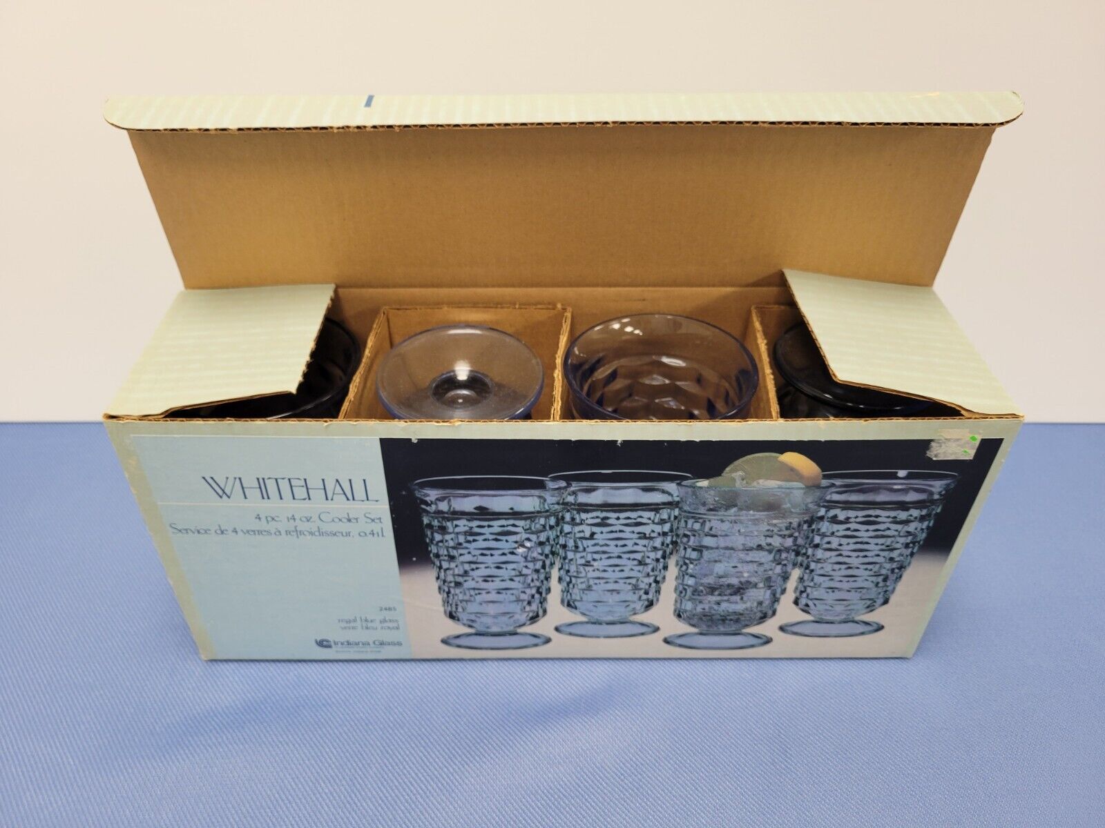 Vintage Indiana Glass Whitehall Cubist 4 pc Footed Tumbler Set Regal Blue 14 oz