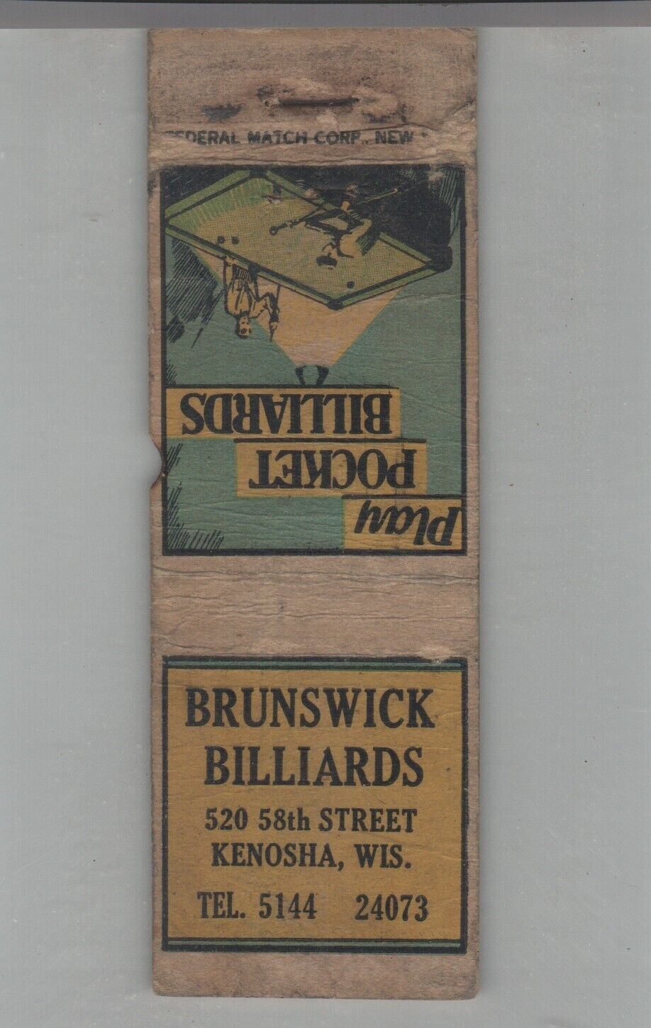 Matchbook Cover 1930s Federal Match Co Brunswick Billiards Kenosha, WI