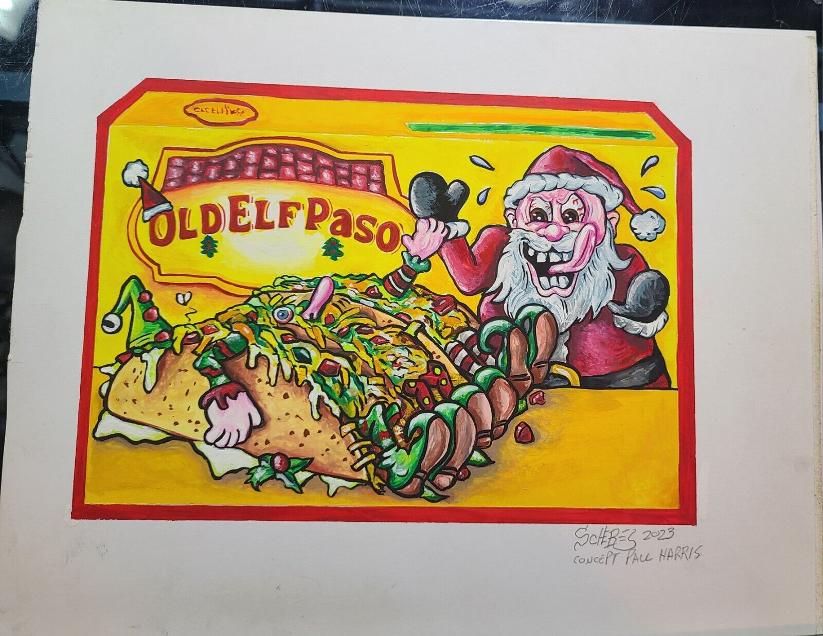 ORIGINAL ART PAINTING  PRODUCT PARODY WACKY PACKAGES INSPIRED OLD ELF PASO TACO 