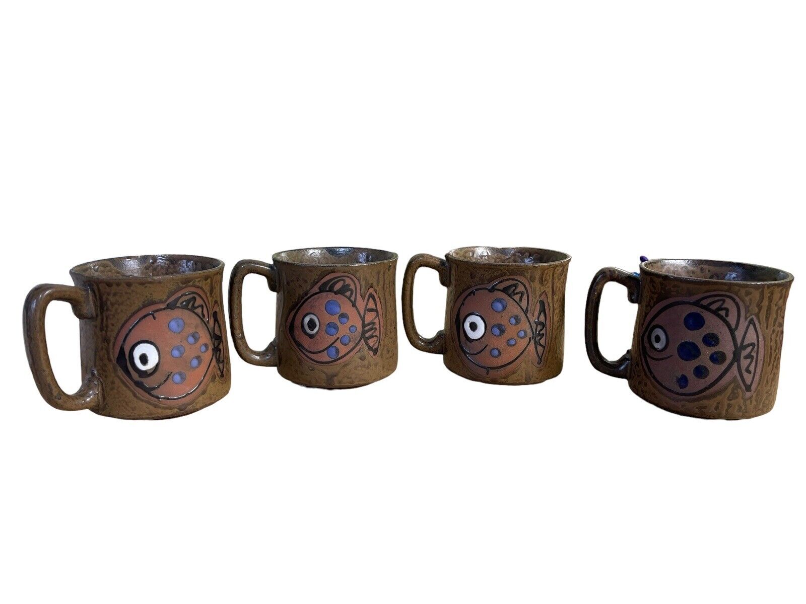Vintage Rustic Fish Coffee Cups Set of 4 Brown Made In Japan