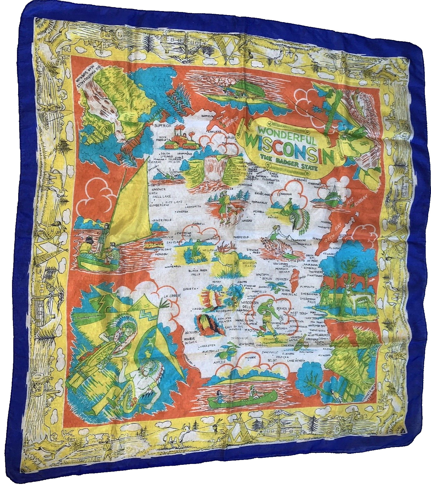 Vintage WONDERFUL WISCONSIN Silk Scarf Map Outdoors Sports Nature Blue 34