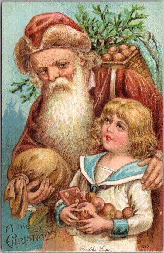 c1910s CHRISTMAS Postcard SANTA CLAUS Red Robe / Little Girl / Basket of Gifts