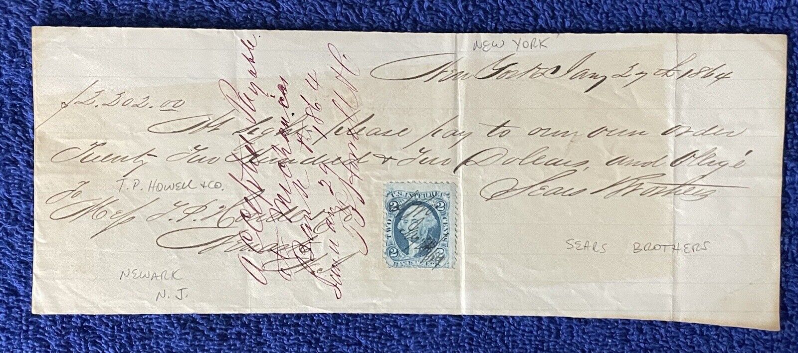 1864 Handwritten check, $2,202 Payable to “Sears Brothers”, w/ Revenue Stamp