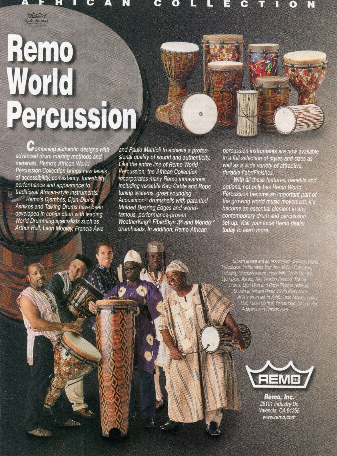 1999 Print Ad of Remo World Percussion w Leon Mobley, Arthur Hull, Francis Awe