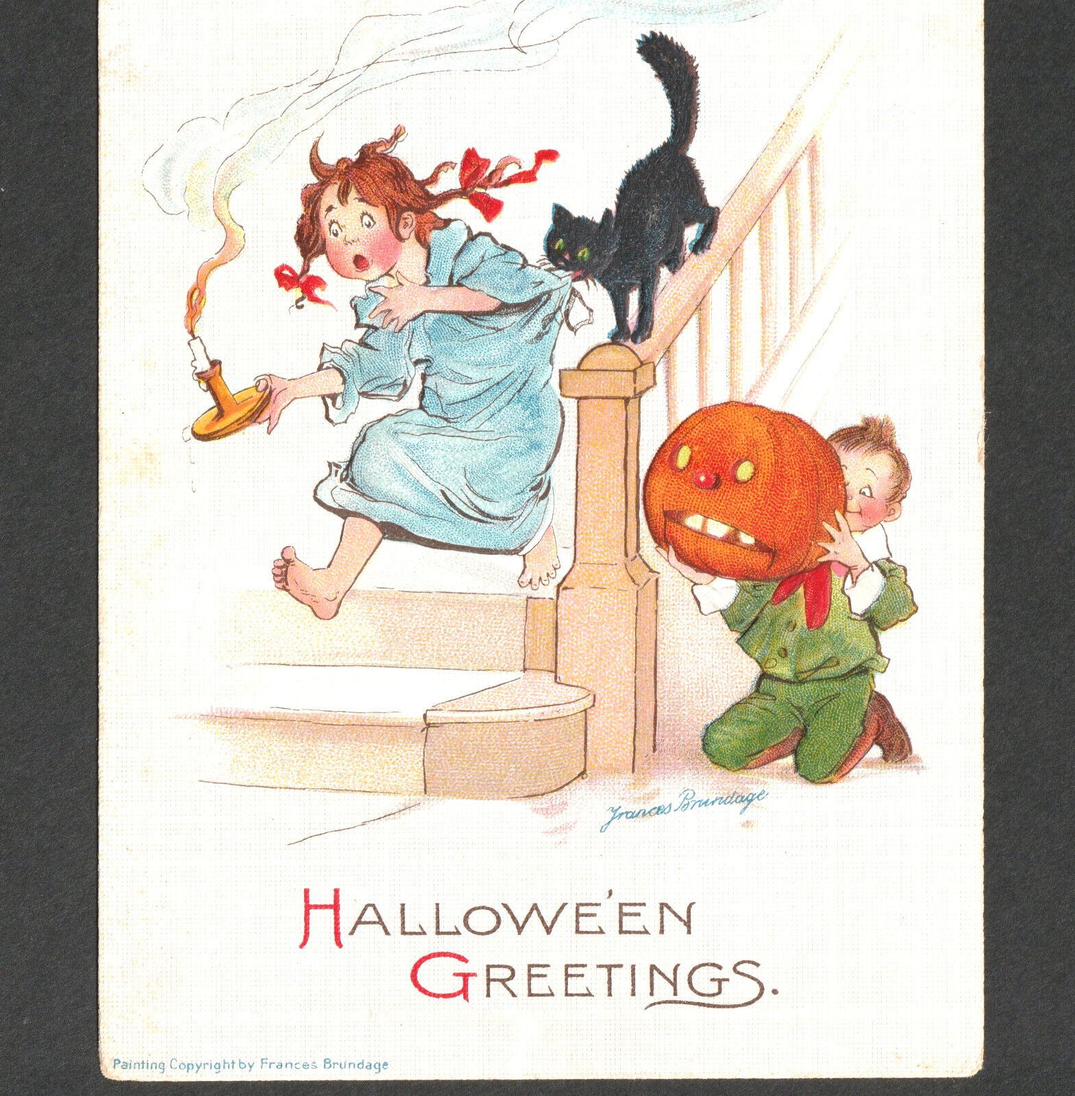 Frances Brundage Halloween Greetings Gabriel 125 JOL Boy Scare Girl Cat PostCard