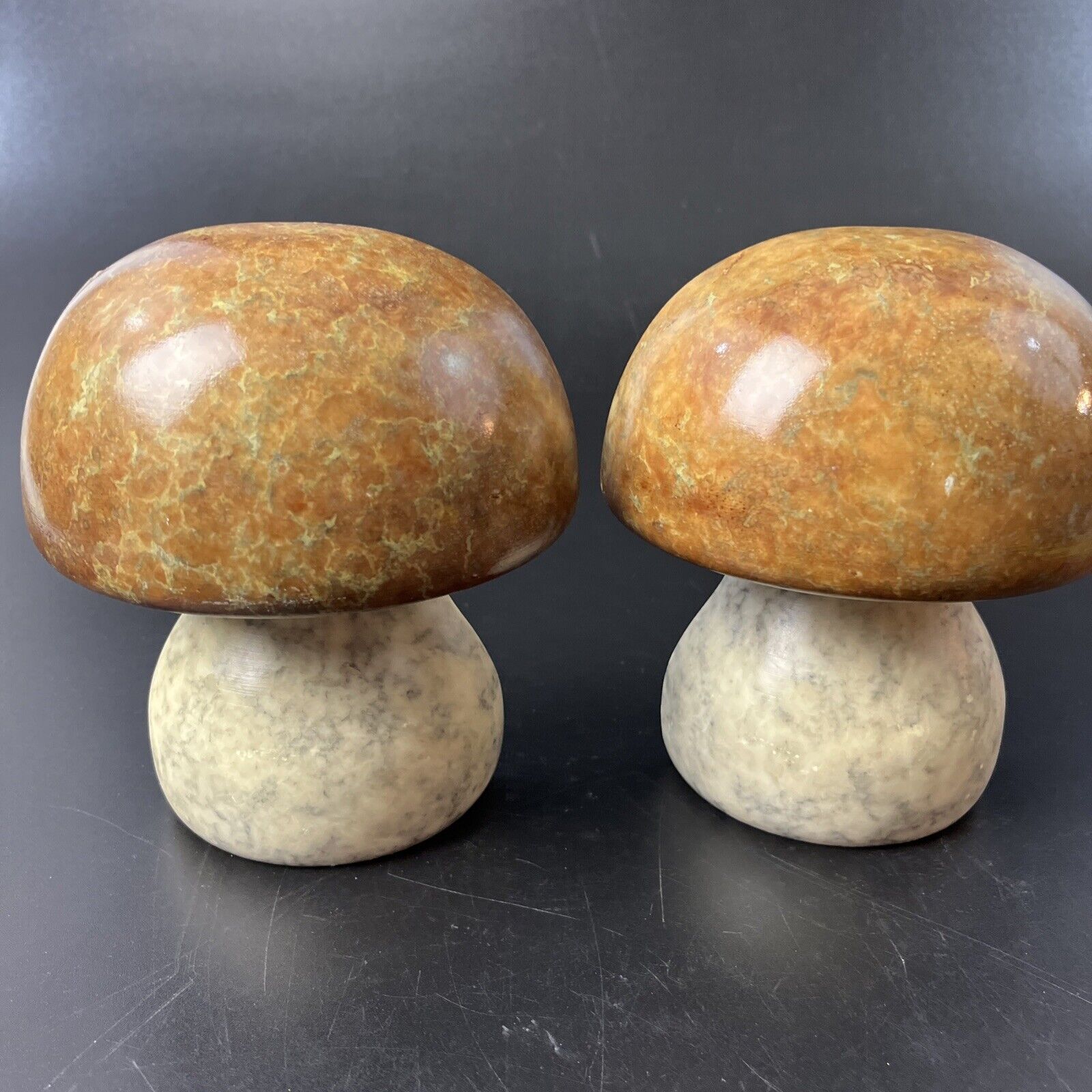 Vintage Hand Carved Alabaster Marble MCM Mushroom Bookends Italy 2 Tone Tan/Gray