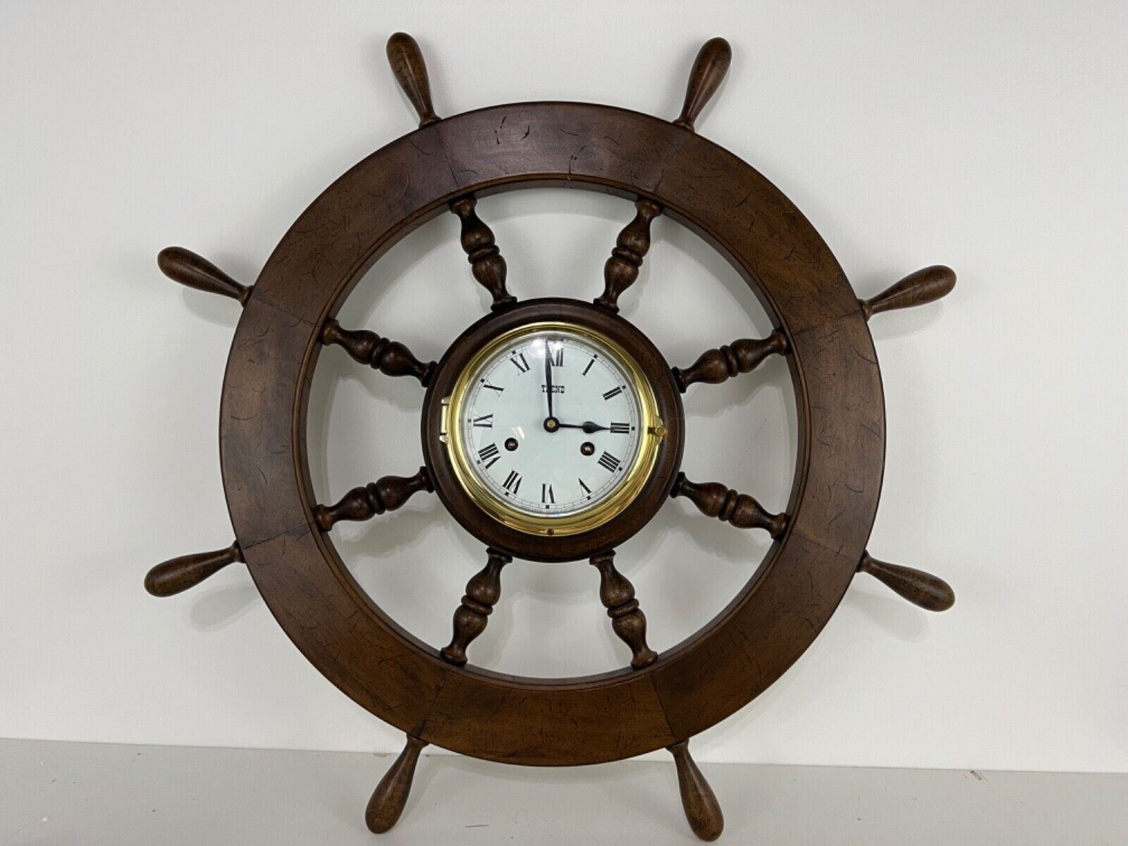 Vintage Trend Nautical Ships Wheel Wood and Brass Wall Clock
