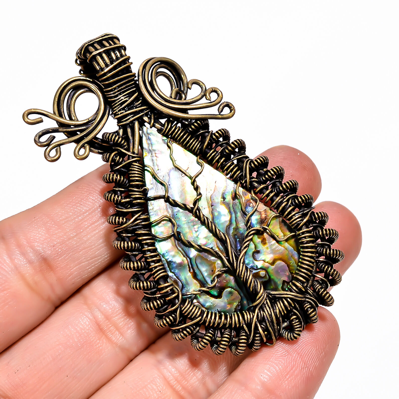 Abalone Shell Vintage .925 Silver Plated Wire Wrapped Pendant 2.6\