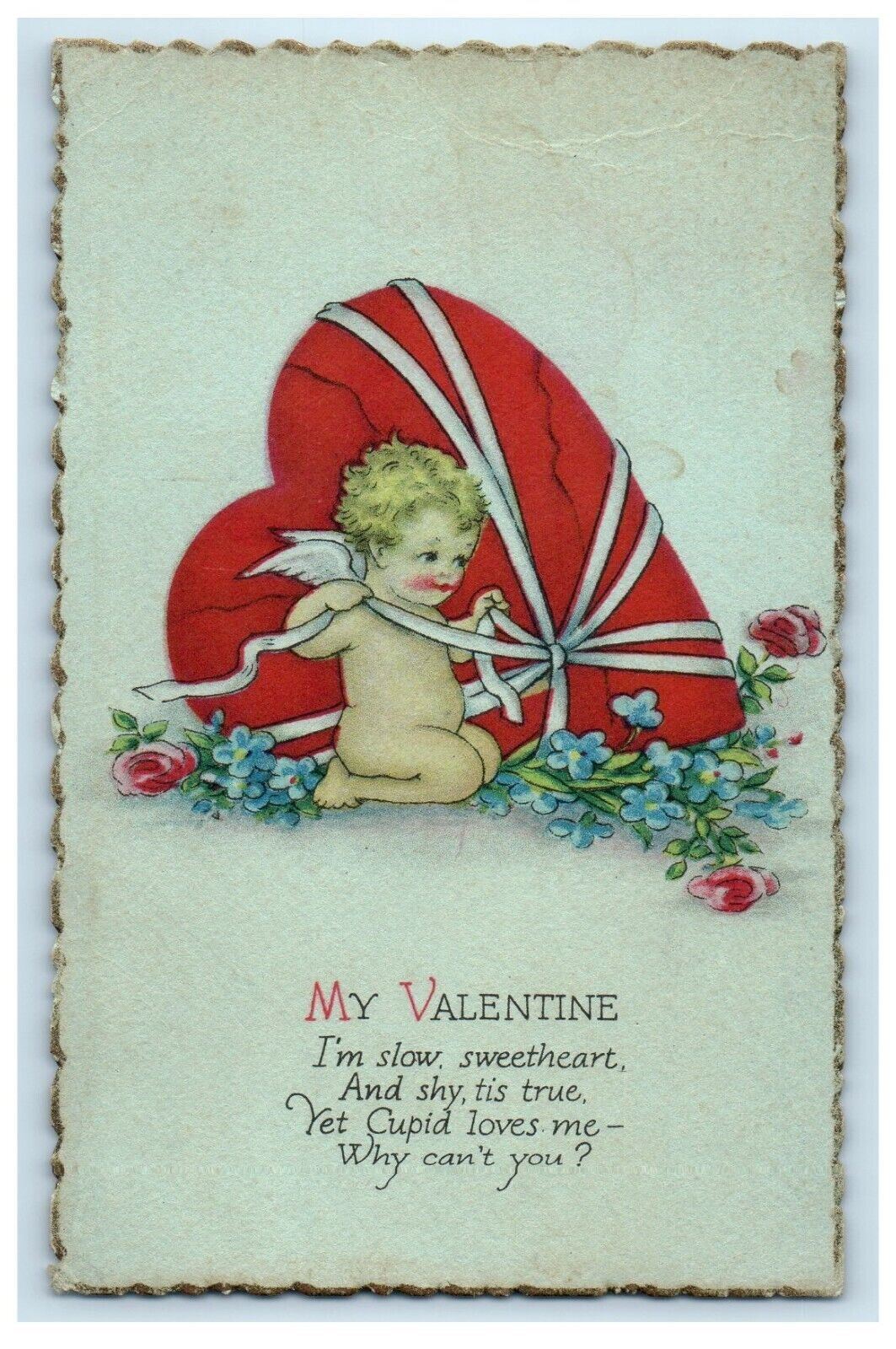 c1910's Valentine Cupid Angel Big Heart Ribbon And Flowers Antique Postcard