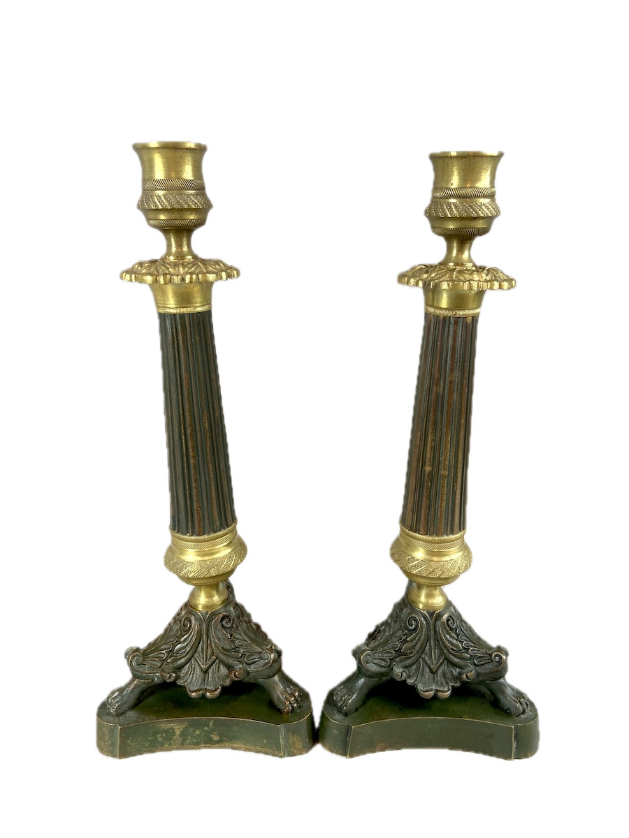Antique 19th Century French Bronze Patinated Candleholders - Pair