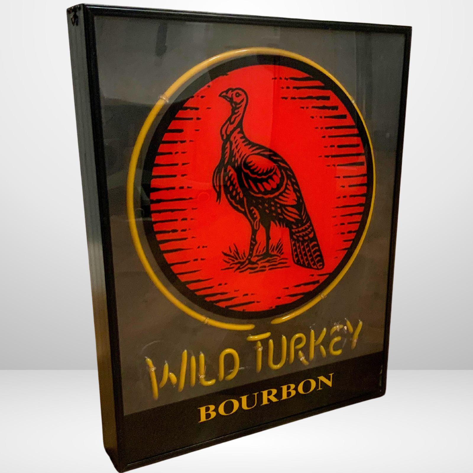 Vintage Wild Turkey Kentucky Bourbon Neon Glass Sign 26x21x3.5in Encased | RARE