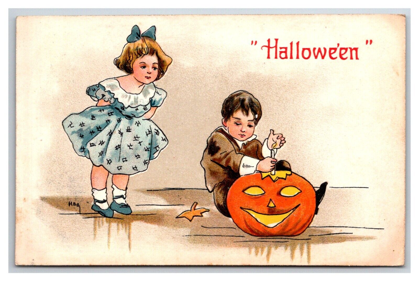 Halloween Kids Carving Pumpkin HBG Griggs c1910 Postcard