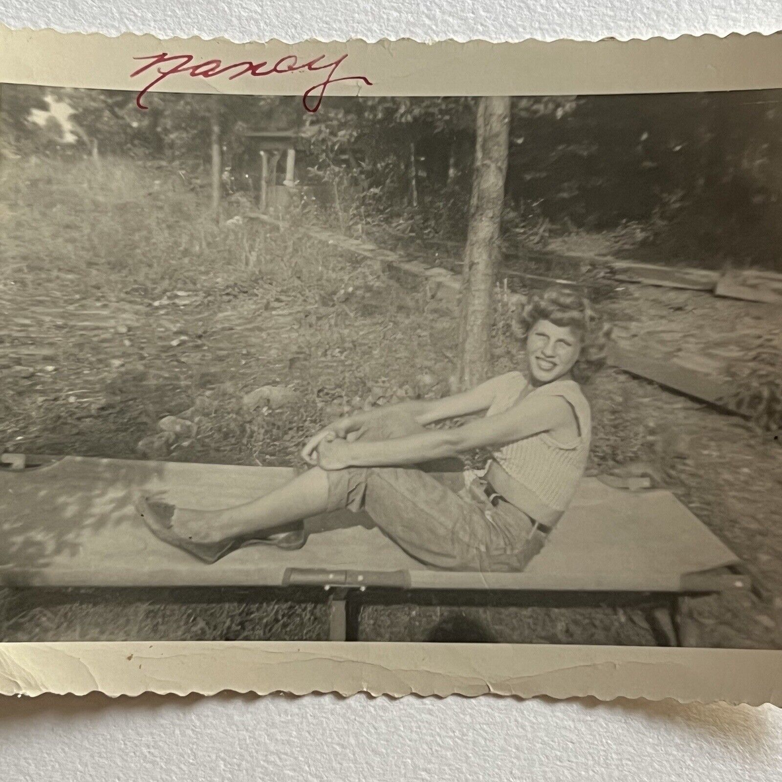 Vintage B&W Snapshot Photograph “Nancy” Beautiful Young Woman Teen On Cot