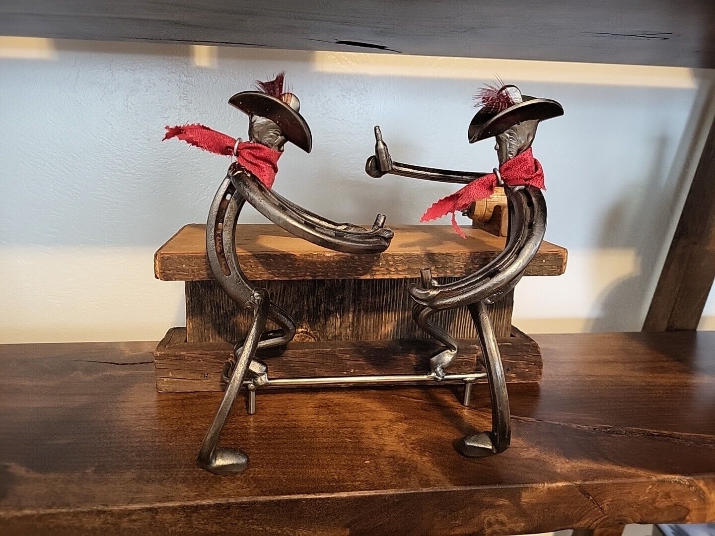 St. Croix Forge Horseshoe Art Sculpture Cowboys Drinking Whiskey @ Wooden Bar