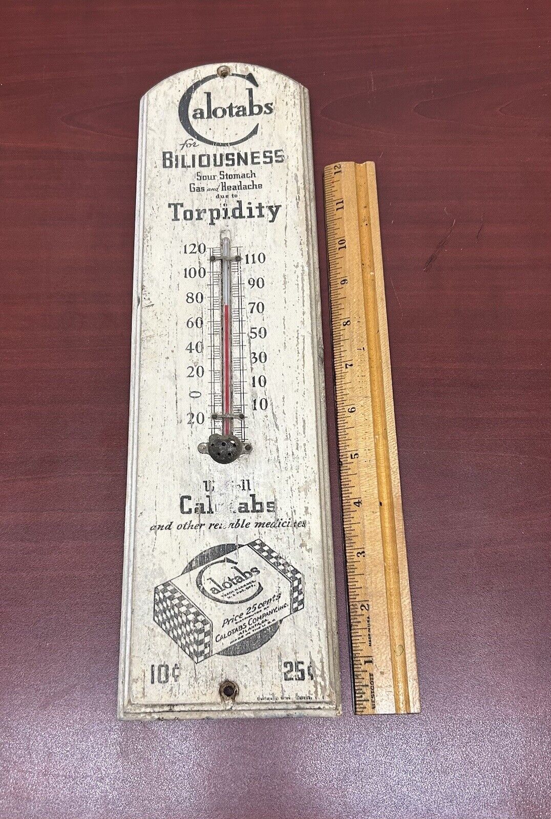 Vintage 1940's CALOTABS DRUGSTORE PHARMACY ADVERTISING WOODEN THERMOMETER SIGN