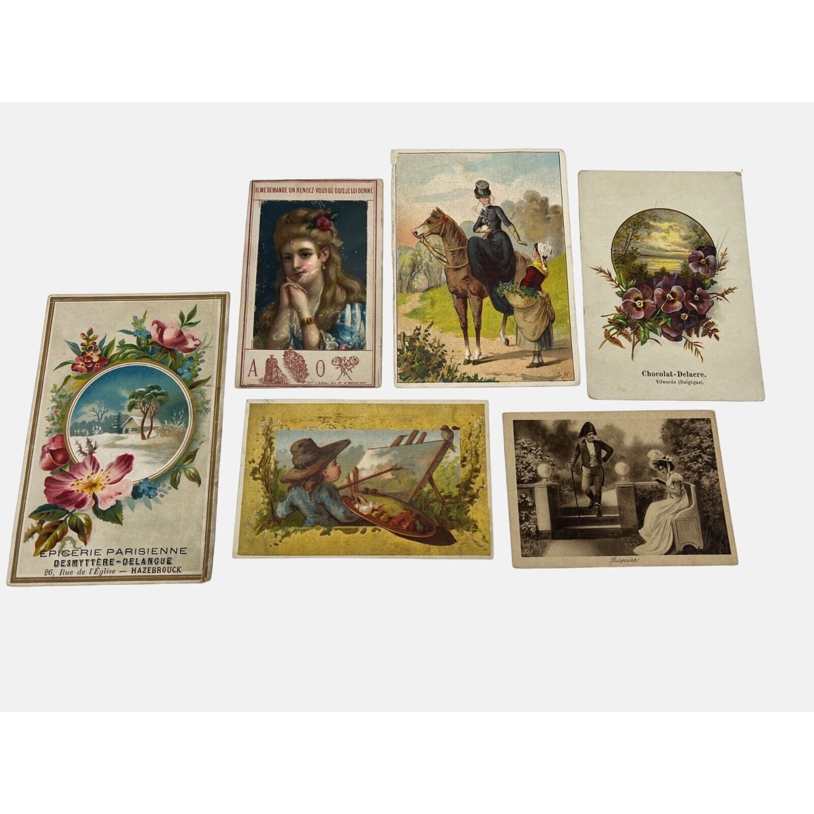Antique Victorian French Trade Cards Collection of Six Vintage Advertising