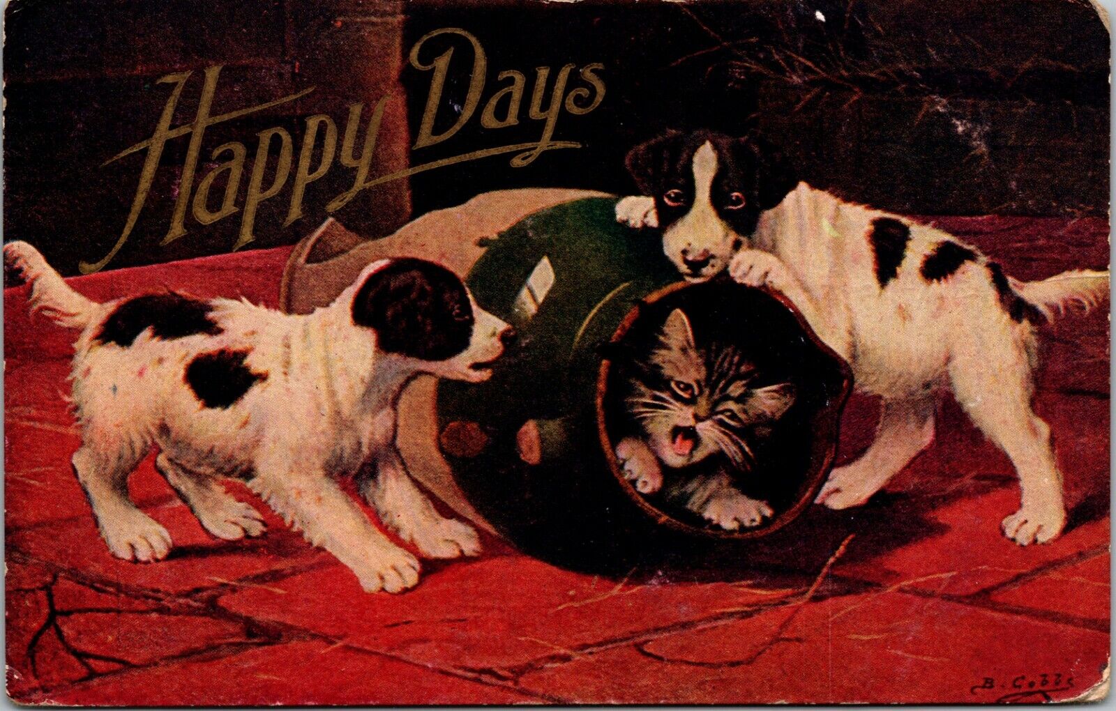 Vintage Victorian DOGS Rolling CAT in broken CROCK Happy Days POSTCARD