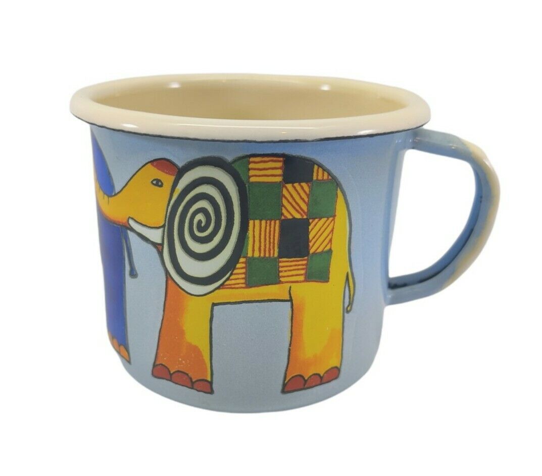Czech Smaltum Prague Enamelware Tin Coffee Mug Colorful Elephants
