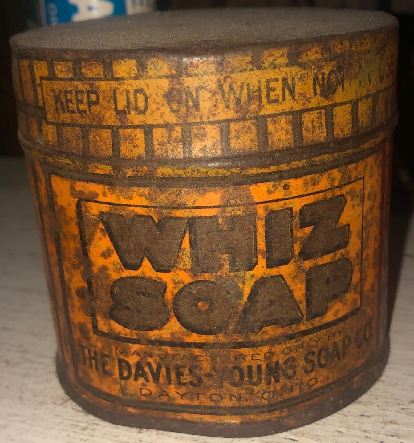 Early Whiz Soap Tin Metal Can J.P. Davies Co. Dayton Ohio Antique Vtg Americana