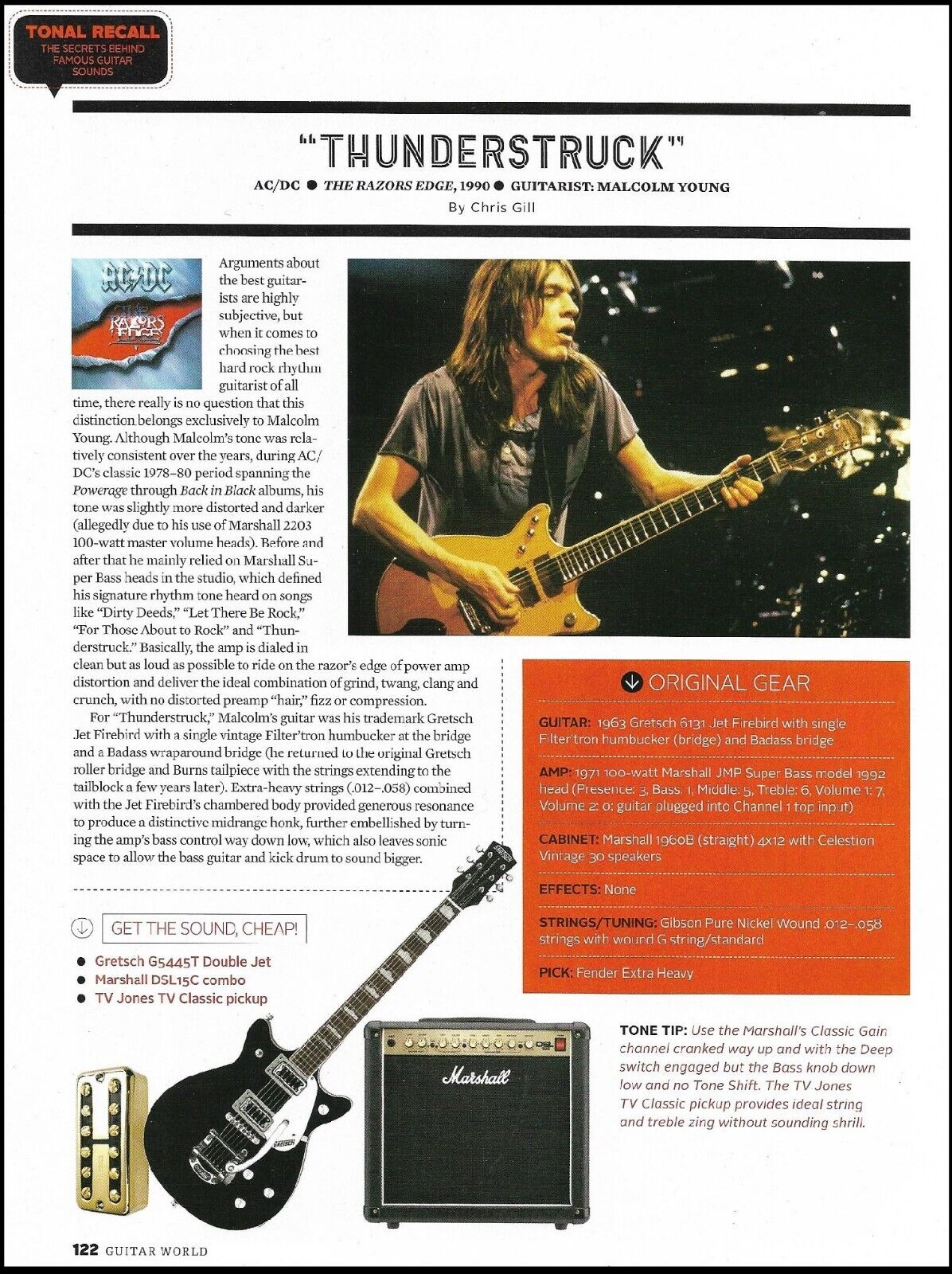 AC/DC Thunderstruck Malcolm Young Gretsch guitar Marshall amp pin-up article