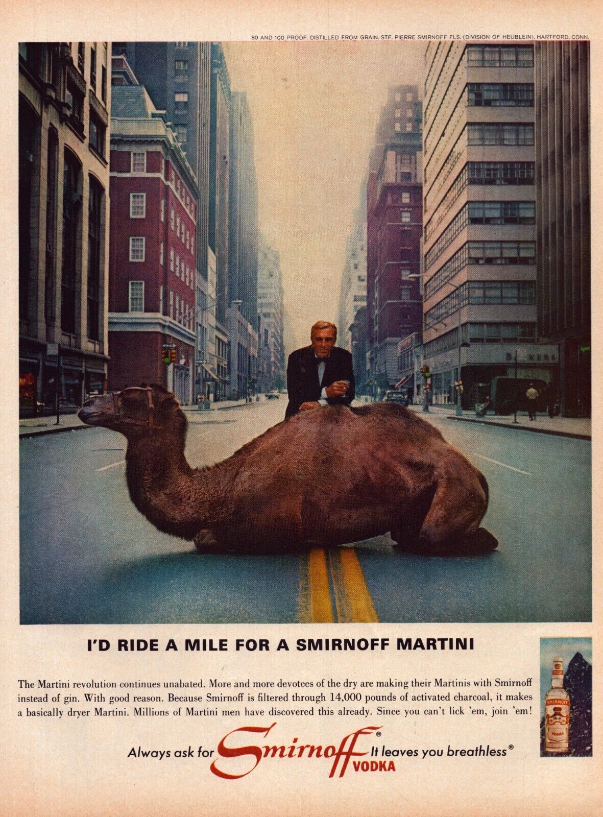 1965 Smirnoff Vodka Print Ad Camel I\'d Ride A Mile Martini
