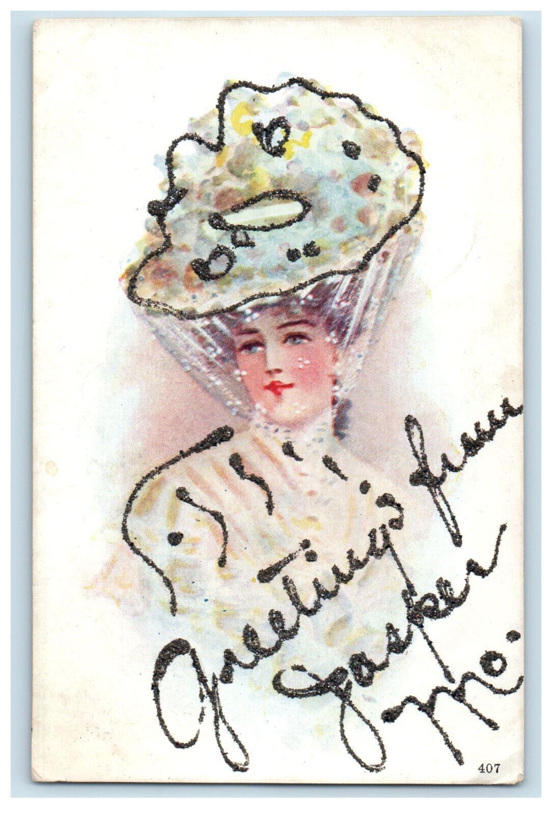 c1910 Woman Looking, Greetings from Jasper Missouri MO Posted Postcard