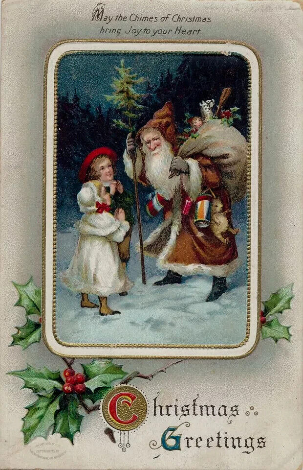 Brown Robe Santa Claus in Snow~ with Children~Antique~Christmas Postcard~k729