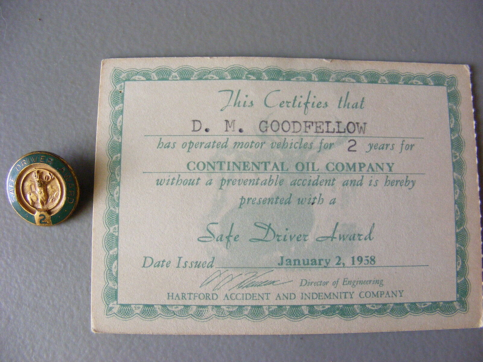 Vintage  1958 Continental Oil Company Conoco Safe Driver Certificate With Pin